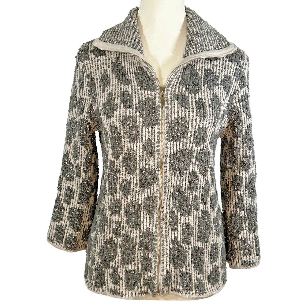 Ruby Rd 3/4 Sleeve Zip Sweater Cardigan Gray Shimmer‎ - Women's Size Medium
